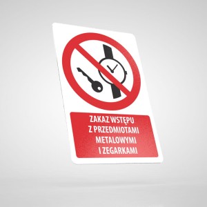 Naklejka Informacyjna BHP z Opisem: Zakaz Wstępu z Przedmiotami Metalowymi i Zegarkami