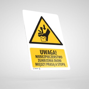Naklejka Informacyjna BHP z Opisem: Uwaga! Ryzyko Zgniecenia Dłoni Między Prasą A Stopą W030O