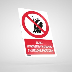 Naklejka Informacyjna BHP z Opisem: Zakaz Wchodzenia w Obuwiu z Metalową Podeszwą